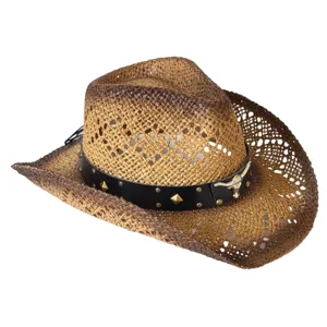 Vintage hollow straw cowboy hat with bull skull decor, perfect for summer outdoor sun protection.