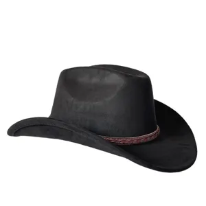 Retro cappello da cowboy western in pelle scamosciata nera con fascia intrecciata, tesa.