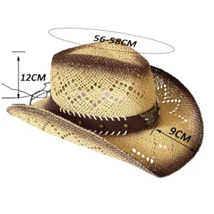 Western cowboy straw hat with bull head decor, hollow out summer sun protection sun hat.