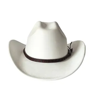 Cappello da cowboy western in camoscio bianco vintage con fascia in pelle intrecciata, tesa.