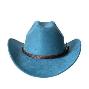Cappello da cowboy western blu dettaglio texture camoscio, elegante cinturino in pelle