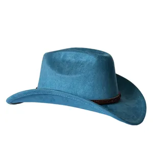 Vista dettagliata di un cappello da cowboy western in camoscio blu con fascia intrecciata marrone.