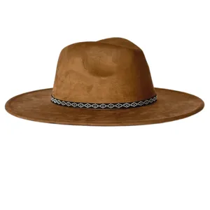 Chapeau fedora marron en suédine à large bord et motif géométrique style vintage élégant