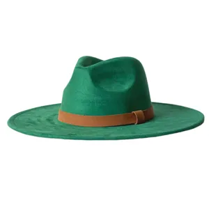 Chapeau fedora en suédine vert large bord vintage avec bande marron, chapeau de jazz.