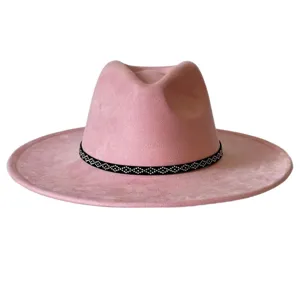 Chapeau feutre rose large bord style western vintage pour femme avec bande strass