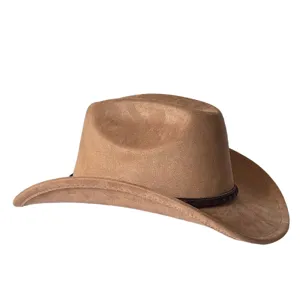 Cappello da cowboy occidentale in pelle scamosciata marrone con tesa curva e fascia in pelle.