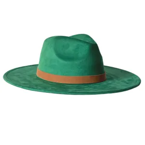 Chapeau fedora vert vintage à large bord avec bande marron, chapeau de jazz élégant pour tous.