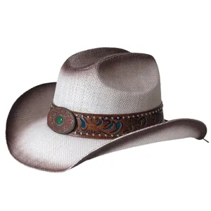 Chapeau de Cowboy Vintage Américain en Paille Bord Large Protection Solaire Tressé en Papier Style Western Avec Bande en Cuir Turquoise Plage Été Mixte