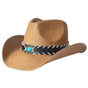 Western straw cowboy hat with wide brim, black leather band and turquoise accent detail.