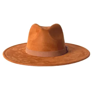 Chapeau fedora en suédine à large bord rétro avec couronne en forme de goutte et bande.