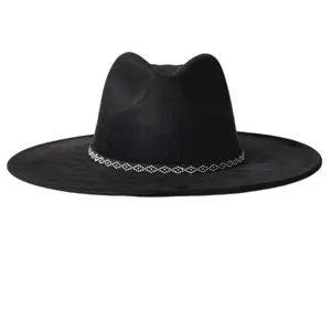 Chapeau fedora noir à large bord en suédine synthétique avec bande de strass style rétro