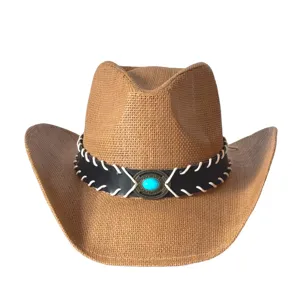 American style straw woven western cowboy hat with wide upturned brim and turquoise buckle.