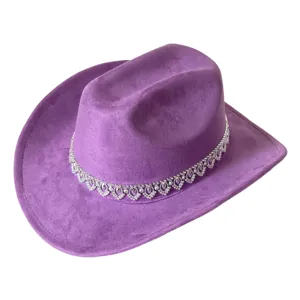 Lila Strass Western Cowboy Hut, Wildleder Party Fedora fur Brautfotografie breite Krempe.