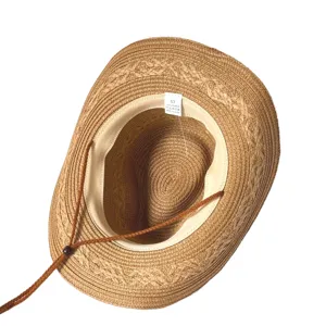 Vue détaillée chapeau de paille cowboy western vintage avec mentonnière, casquette de plage d'été.