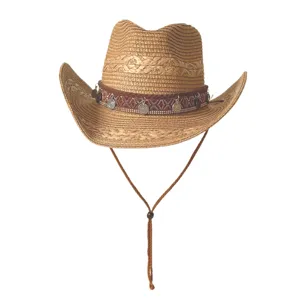 Vue détaillée du chapeau de cowboy en paille style ethnique, parfait chapeau de soleil d'été.