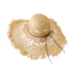 French hollow out raffia straw hat for women, wide brim frayed beach sun hat with black tie.