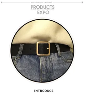 Close-up of women's black leather belt with gold square buckle, stylish daily waist accessory.
