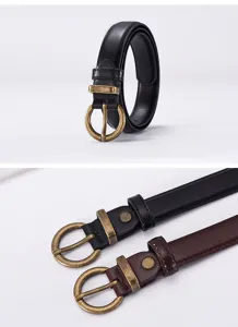 Women leather belt thin 2.4cm retro round pin buckle casual dress waistband black brown