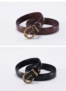 Detail view of women's slim 2.4cm leather belt with vintage round buckle, casual versatile style.