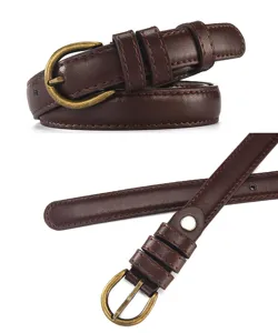 Γυναικεία vintage casual δερμάτινη ζώνη με ρετρό αγκράφα, λεπτός σκούρος καφέ σχεδιασμός.