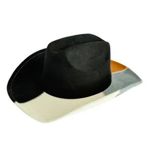 Color-blocked suede cowboy hat detail, retro British style wide brim jazz hat for adults.