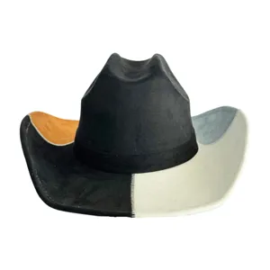 Vintage patchwork cowboy hat for men and women, wide brim suede jazz cap for outdoor style.