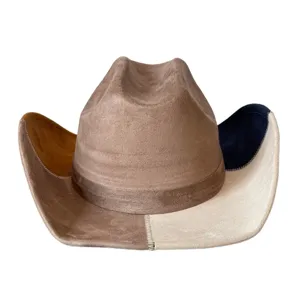 Vintage suede western cowboy hat for men women, colorblocked wide brim jazz fedora cap.