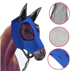 Blue horse fly mask with mesh ears and full face coverage, ideal for insect protection.