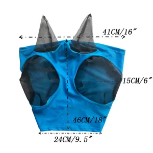 Horse fly mask with mesh ears and eyes, blue breathable fabric, adjustable size design for equine.