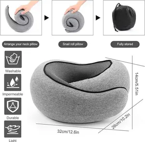 Memory foam travel neck pillow with foldable snail design and portable storage bag.