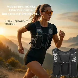 Lightweight breathable running sports vest with multiple storage pockets and water bottle holder for outdoor sports.