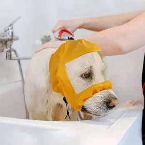 Pet waterproof bath cap detail, yellow transparent dog shower head cover for water protection.