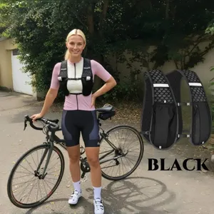 Outdoor cycling hydration vest with breathable mesh pockets for hiking, running, and fitness.