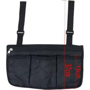 Waterproof wheelchair side storage bag with multiple pockets and durable hanging straps.