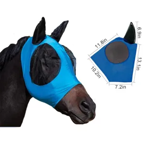 Blue horse fly mask detail view showing breathable mesh ear and eye protection design with sizes.