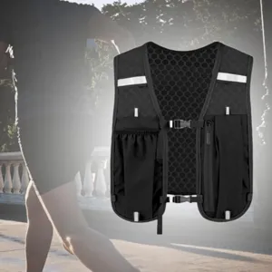Black running hydration vest with multiple pockets and breathable mesh for outdoor hiking cycling.