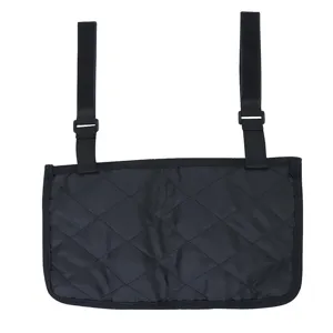 Black quilted wheelchair side storage bag with adjustable straps for strollers and mobility aids.