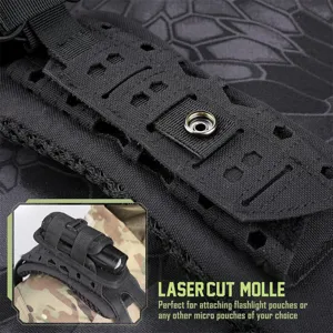 Tactical backpack shoulder pad detail, laser cut MOLLE webbing, shock absorbing strap liner.