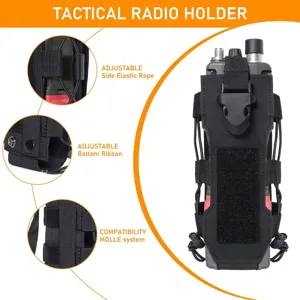 Tactical radio holder pouch detail showing adjustable side elastic rope, bottom ribbon and MOLLE system.