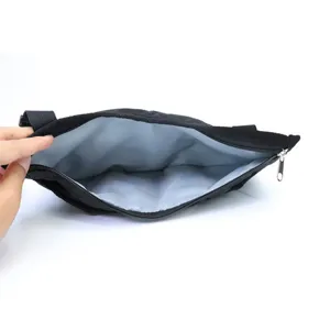 Close-up view of the interior lining and zipper of the black storage bag, showing detail.