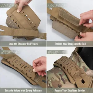 Tactical shoulder pad detail showing velcro installation instruction for vest backpack.