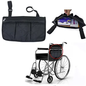 Waterproof black wheelchair side storage bag with multiple pockets for daily essentials.