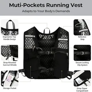 Detailansicht der leichten Laufweste mit mehreren Taschen und praktischer Notfallpfeife.