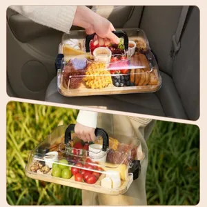 Bambus Wurstwaren Brett mit Deckel und Griff für Outdoor Picknick Obst und Käse Details.