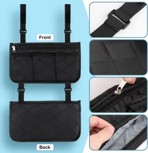 Wheelchair side storage bag detail showing durable quilted fabric, zipper and adjustable straps.