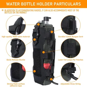 Tactical radio and water bottle pouch with 900d nylon quick release buckle for outdoor hiking.