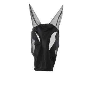Close-up detail of the black mesh horse fly mask showing breathable ear and eye protection design.