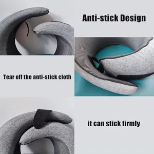 Detail view of memory foam travel neck pillow showing anti-stick velcro design and features.