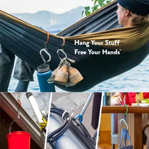 Multi-functional swivel carabiner clip detail showing versatile outdoor and travel usage scenarios.