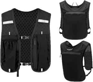 Black running hydration vest detail view, breathable mesh and multi-pocket design for outdoor sports.